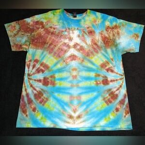 Blue, Bright Green & Chocolate Brown Side Spiral Ice Dye Tie Dye T Shirt ~ Sz XL